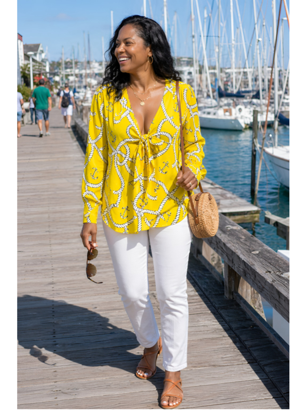 Cabi Reef Knot Tie Neck Blouse Small Yellow Nautical Rope Anchor Print Coastal
